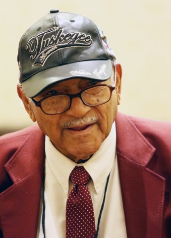 James Bynum, of the San Antonio Tuskegee Airmen Inc. chapter, speaks about his time in the Army Air Corps during the TAI 44th national convention at JW Marriott Wednesday, Aug. 19, 2015, in Las Ve ...