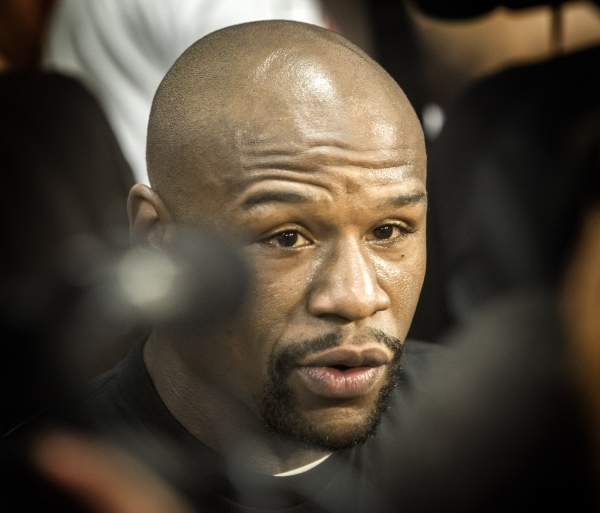Welterweight world champion Floyd Mayweather Jr. talks to the media  at  Mayweather Boxing Club, 4020 Schiff Drive on Wednesday, Aug. 26, 2015. He will be fighting Andre Berto at the MGM Grand Gar ...