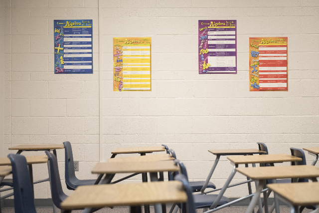 Algebra 2 teacher, Michael Loeffelholz‘s room is shown prior to his first class at Cimarron-Memorial High School during Clark County School District‘s first day of classes in Las Vegas ...