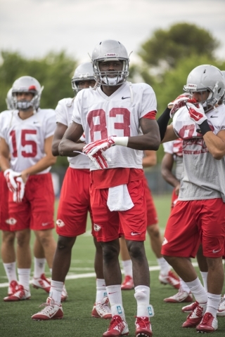 UNLV wide receiver Devonte Boyd (83) works out with receivers at Rebel Park on the UNLV campus on Tuesday, Aug. 25, 2015. (Martin S. Fuentes/Las Vegas Review-Journal)