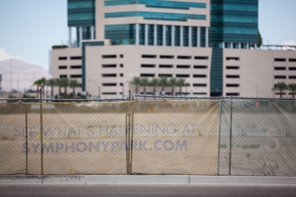 Fenced off undeveloped land that is part of Symphony Park is shown, with Molasky Corporate Center in the background, in Las Vegas on Friday, Aug. 28, 2015. Chase Stevens/Las Vegas Review-Journal F ...