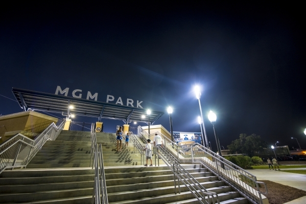 Fans make their way down the stairs in to MGM Park in Biloxi, Miss. on Wednesday, Aug. 12, 2015. (Joshua Dahl/Las Vegas Review-Journal)