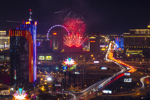 Fireworks explode over the Strip in Las Vegas as seen from Ghostbar at the Palms hotel-casino on Saturday, July 4, 2015. (Joshua Dahl/Las Vegas Review-Journal)