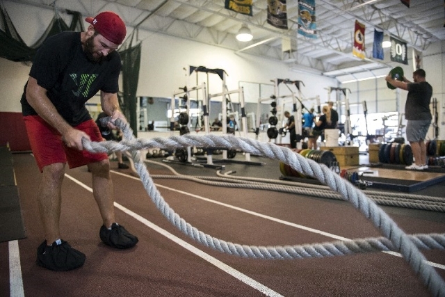 Calgary Flames defenseman and Las Vegas resident Deryk Engelland works out at the Philippi Sports Institute in Las Vegas on Wednesday, Aug. 26, 2015. (Martin S. Fuentes/Las Vegas Review-Journal)