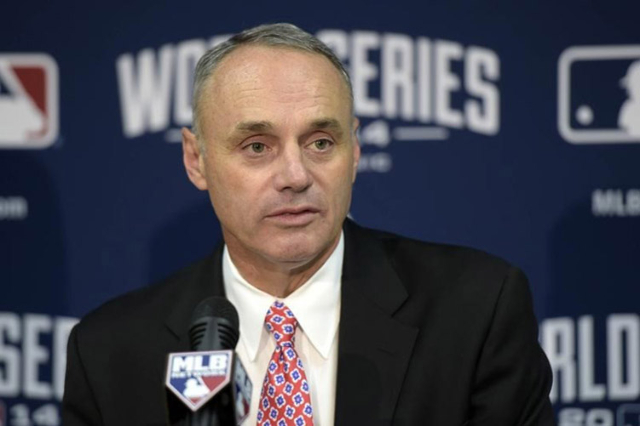 Rob Manfred speaks at a press conference before game two of the 2014 World Series between the Kansas City Royals and the San Francisco Giants at Kauffman Stadium. (Christopher Hanewinckel-USA TODA ...