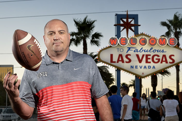 Incoming UNLV head football coach Tony Sanchez is seen at the "Welcome to Fabulous Las Vegas" sign on Sunday, July 26, 2015. (Bill Hughes/Las Vegas Review-Journal)