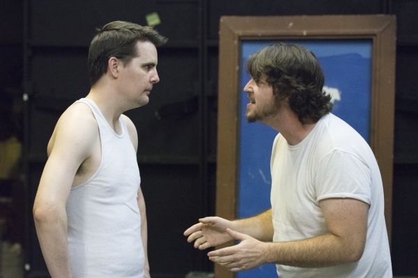 Shane Cullum, left, and Shane Brandon Alan McClenahan rehearse for their play "Tinfoil Haberdashery" at Las Vegas Little Theatre Studio in Las Vegas on Thursday, Aug. 27, 2015. The play, ...