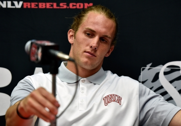UNLV  quarterback Blake Decker adjusts his microphone before a pre-game news conference at UNLV on Tuesday, Sept. 1, 2015. UNLV travels to Northern Illinois for their season opener on Saturday. Da ...