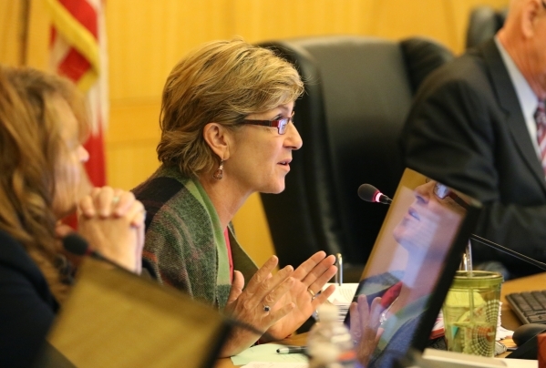 Commissioner Chris Giunchigliani asks questions during a public hearing for More Cops sales tax at of a County Commission meeting at the commission chambers Tuesday, Sept. 1, 2015, in Las Vegas. R ...