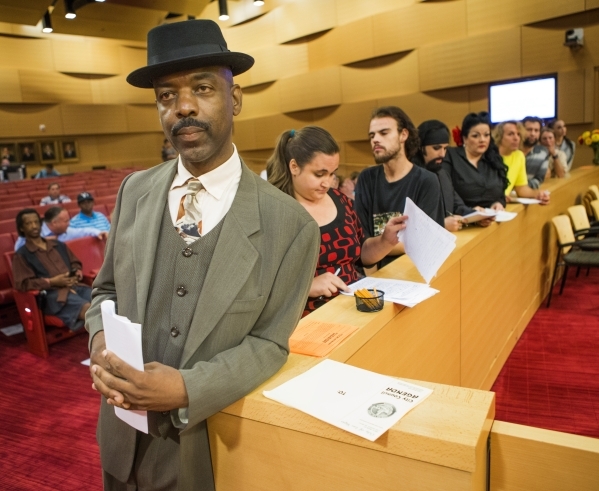 Ventriloquist  Scarlet Ray Watt and other street performers wait to speak during the Fremont Street ordinance hearing at Las Vegas City Council on Wednesday, Sept. 02, 2015. JEFF SCHEID/LAS VEGAS  ...