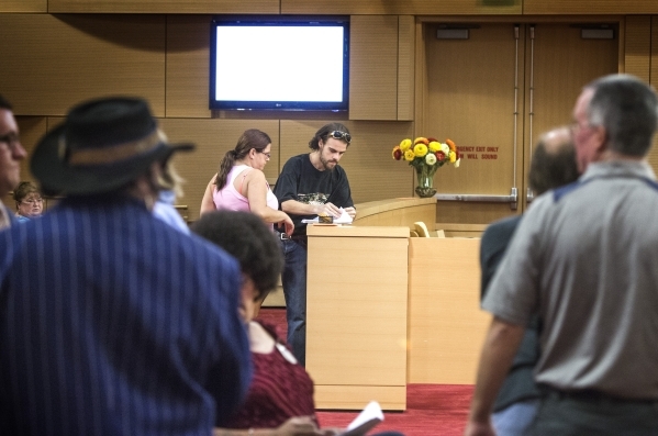 Street performers and concern citizens stand in line to pick up an agenda during a hearing at Las Vegas City Council on Wednesday, Sept. 02, 2015.   JEFF SCHEID/LAS VEGAS REVIEW-JOURNAL Follow him ...