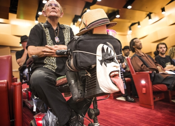 Street performer Gary Downe, who impersonates Gene Simmons of Kiss, listens during an Fremont Street ordinance hearing at Las Vegas City Council on Wednesday, Sept. 02, 2015. JEFF SCHEID/LAS VEGAS ...