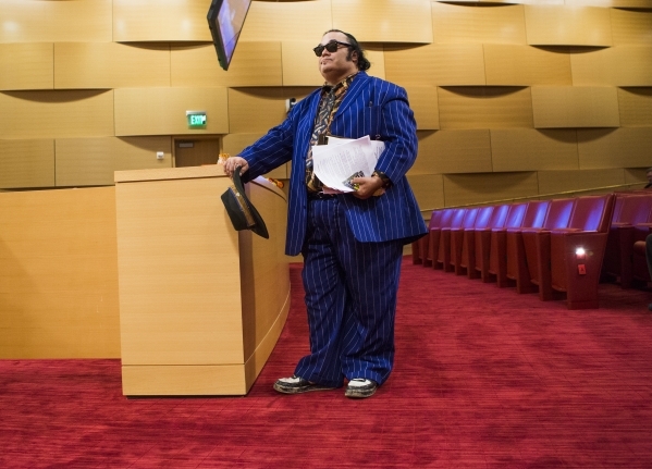 A street performer that goes by Stogee Jake Blues  waits to speak during the Fremont Street ordinance hearing at Las Vegas City Council on Wednesday, Sept. 02, 2015. JEFF SCHEID/LAS VEGAS REVIEW-J ...