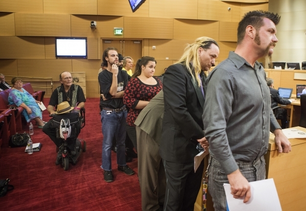 Street performers stand in line to speak during the  Fremont Street ordinance hearing at Las Vegas City Council on Wednesday, Sept. 02, 2015. JEFF SCHEID/LAS VEGAS REVIEW-JOURNAL Follow him @jlscheid