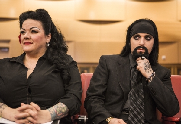 Street performers Renea‘ Le Roux, left, and Mannifred Yates, who has perform on  Fremont Street for six years, listens buskers ordinance hearing at Las Vegas City Council on Wednesday, Sept. ...