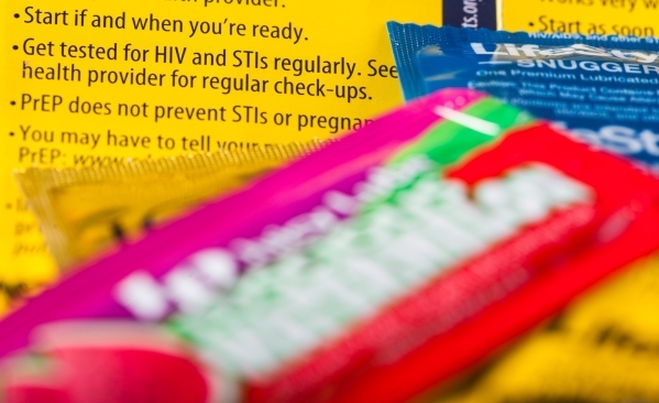 A kit with information about living with HIV along with condoms and lubricant is shown on Tuesday, Sept. 1, 2015. The  Gay and Lesbian Community Center of Southern Nevada is making these kits in o ...