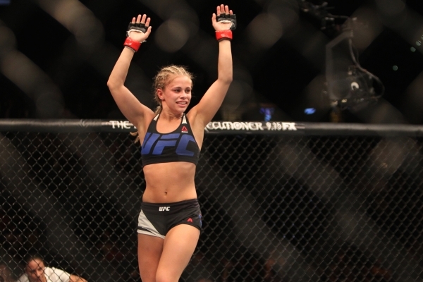 Paige Vanzant celebrates her win by submission against Alex Chambers in their bout during UFC 191 at MGM Grand Garden Arena in Las Vegas Saturday, Sept. 5, 2015. ERIK VERDUZCO/LAS VEGAS REVIEW-JOU ...