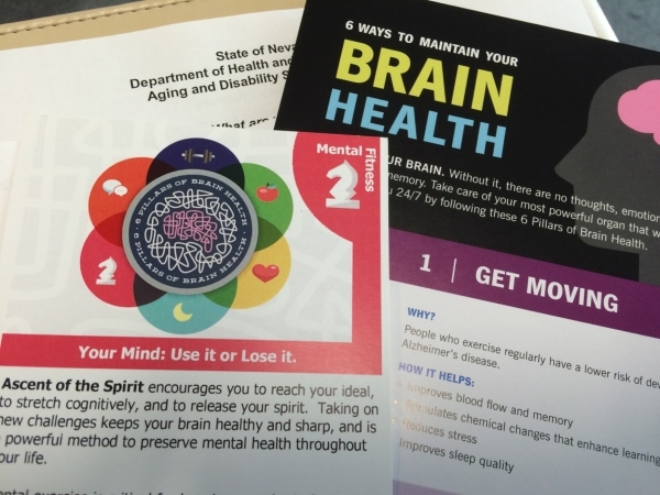 Pamphlets handed out at a talk on brain health are seen July 22 at the Cleveland Clinic Lou Ruvo Center for Brain Health,  888 W. Bonneville Ave. A presentation, given by Anita Ward, Ph.D., gave v ...
