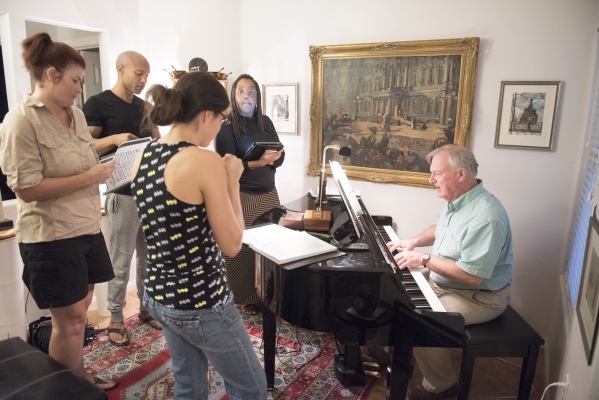 Opera Las Vegas "Viva Verdi!" cast rehearse for their upcoming production at Jim Sohre‘s residence in Las Vegas, Wednesday, Aug. 26, 2015. Pictured from left, Marcie Lay, Eugene &q ...