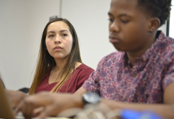 Brenda Romero, College of Southern Nevada student body president and Ocean Garner, a student body senator, work on initiatives for the upcoming school year at the Henderson Campus on Friday, Sept. ...