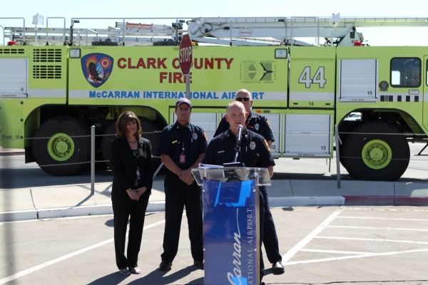 Clark County Fire Department Chief Greg Cassell speaks during a press conference about a British Airways plane that caught fire on Tuesday, at McCarran International Airport in Las Vegas Wednesday ...