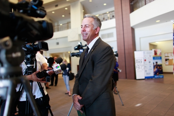 Sheriff Joe Lombardo speaks with news media following an announcement that Nevada will receive funding for testing a three-decade backlog of rape kits, at the Sawyer Building in Las Vegas Thursday ...
