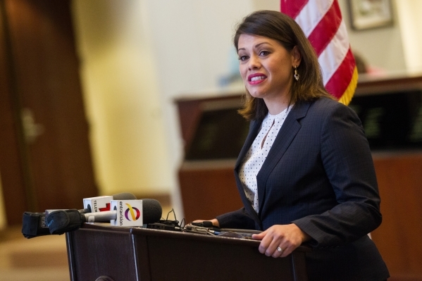 Assemblywoman Teresa Benitez-Thompson speaks during an announcement that Nevada will receive funding for testing a three-decade backlog of rape kits, at the Sawyer Building in Las Vegas Thursday,  ...