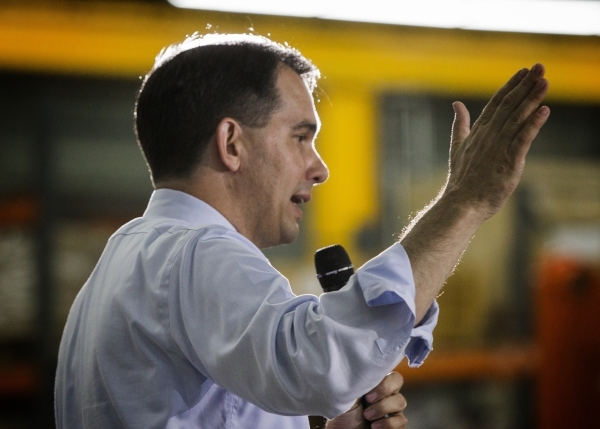 Republican presidential candidate Wisconsin Gov. Scott Walker speaks during a town hall at XTreme Manufacturing Warehouse,1415 West Bonanza Road, on Monday, Sept. 14, 2015JEFF SCHEID/LAS VEGAS REV ...