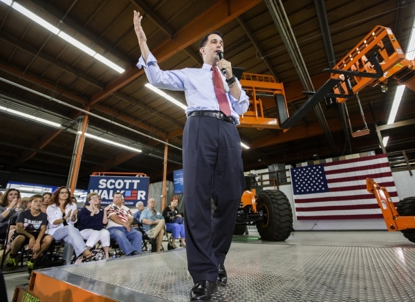 Republican presidential candidate Wisconsin Gov. Scott Walker speaks during a town hall at XTreme Manufacturing Warehouse,1415 West Bonanza Road, on Monday, Sept. 14, 2015JEFF SCHEID/LAS VEGAS REV ...