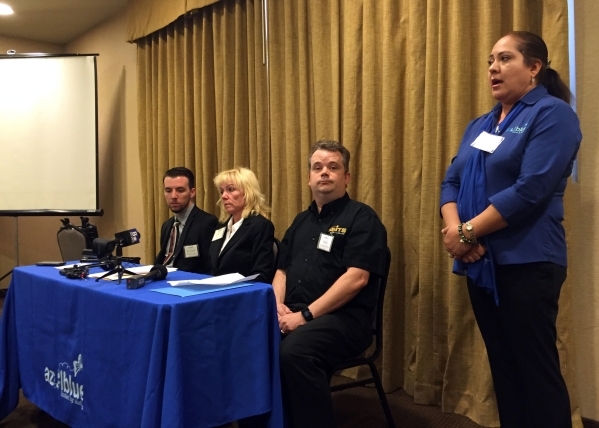 Olivia Espinoza, mother of a non-verbal autistic student, right, asks the Clark County School District on Sept. 14, 2015, to install video cameras in all special education classrooms. Looking on,  ...