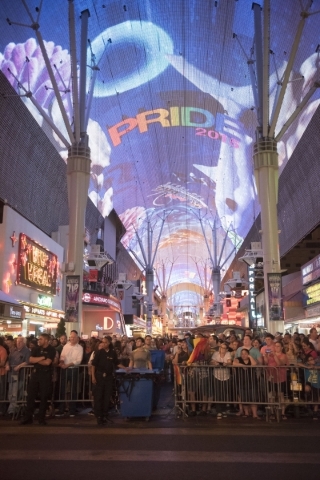The audience is shown at Fremont Street Experience during the 17th Annual PRIDE Night Parade in downtown Las Vegas Friday, Sept. 18, 2015. Jason Ogulnik/Las Vegas Review-Journal