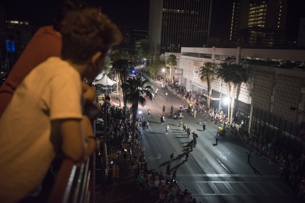The audience is shown from the Fremont Street Experience parking garage during the 17th Annual PRIDE Night Parade in downtown Las Vegas Friday, Sept. 18, 2015. Jason Ogulnik/Las Vegas Review-Journal