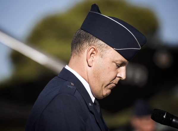 Brig. Gen. Christopher M. Short, 57th Wing commander, speaks during the  National POW/MIA Recognition Day at Freedom Park at Nellis Air Force Base on Friday, Sept. 18,2015.  JEFF SCHEID/LAS VEGAS  ...