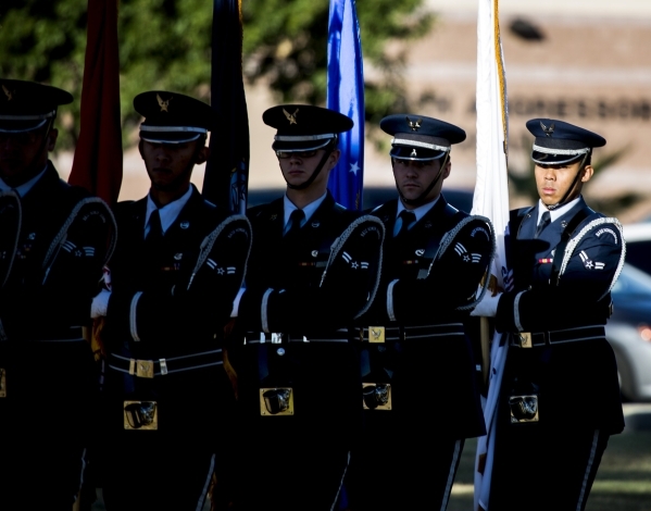 Members of the Nellis Honor Guard present the colors during the  National POW/MIA Recognition Day at Freedom Park at Nellis Air Force Base on Friday, Sept. 18,2015. JEFF SCHEID/LAS VEGAS REVIEW-JO ...