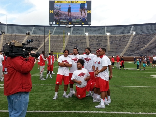 UNLV players pose for photos at Michigan Stadium, aka "The Big House," on Friday, ahead of today‘s game against the Wolverines in Ann Arbor, Mich. Mark Anderson/Las Vegas Review-Jo ...