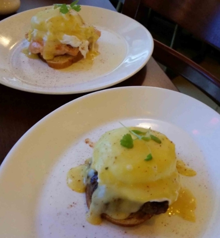 Signature eggs Benedicts, including the salmon Benedict, top, and filet Benedict, are part of the weekend brunch at Via Brasil Steakhouse, 1225 S. Fort Apache Road. A classic Benedict is also avai ...
