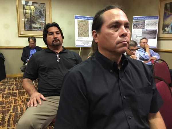 Joe Kennedy, left, of the Timbisha Shoshone tribe, and Western Shoshone Ian Zabarte listen to a speaker on Tuesday, Sept. 15, 2015, during a Nuclear Regulatory Commission panel meeting in Las Vega ...