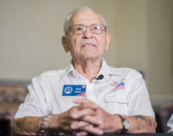 Mario Mendes, a survivor of the USS Bismarck Sea, meets for his reunion at the Plaza Hotel in Las Vegas on Tuesday, Sept. 29, 2015. The USS Bismarck Sea was the last of 11 U.S. aircraft carriers s ...
