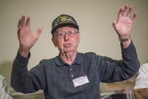 Dick Miller, a survivor of the USS Bismarck Sea, meets for his reunion at the Plaza Hotel in Las Vegas on Tuesday, Sept. 29, 2015. The USS Bismarck Sea was the last of 11 U.S. aircraft carriers su ...