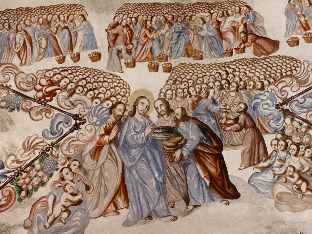 A detail of the 18th-century ceiling fresco illustrates the Biblical account of Christ‘s miracle in feeding multitudes by multiplying a few fish and loaves of bread, at the Atotonilco Sanctu ...