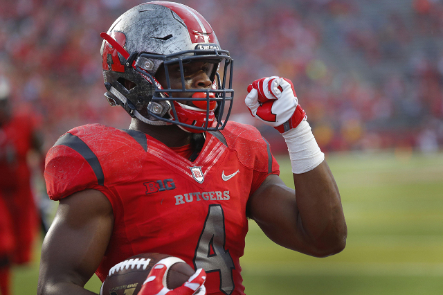 Sep 12, 2015; Piscataway, NJ, USA; Rutgers Scarlet Knights wide receiver Leonte Carroo (4) pumps his fist after scoring a touchdown against Washington State Cougars during second half at High Poin ...