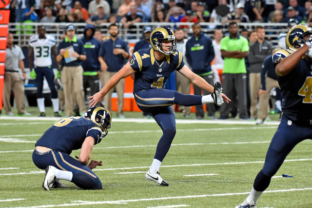 Sep 13, 2015; St. Louis, MO, USA; St. Louis Rams kicker Greg Zuerlein (4) kicks the game winning field goal to defeat the Seattle Seahawks 34-31 in overtime at the Edward Jones Dome. Mandatory Cre ...
