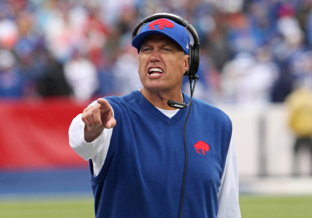 Sep 13, 2015; Orchard Park, NY, USA; Buffalo Bills head coach Rex Ryan yells to players on the bench during the second half against the Indianapolis Colts at Ralph Wilson Stadium. Bills beat the C ...