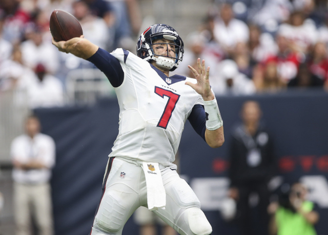 Sep 13, 2015; Houston, TX, USA; Houston Texans quarterback Brian Hoyer (7) attempts a pass during the fourth quarter against the Kansas City Chiefs at NRG Stadium. The Chiefs defeated the Texans 2 ...