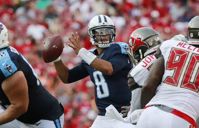 Sep 13, 2015; Tampa, FL, USA; Tennessee Titans quarterback Marcus Mariota (8) throws the ball against the Tampa Bay Buccaneers during the second half at Raymond James Stadium.  Tennessee Titans de ...
