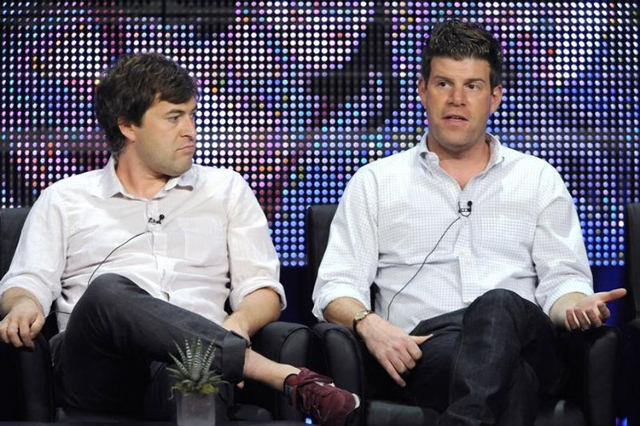 Cast members Mark Duplass and Steve Rannazzisi (R) participate in the panel for "The League" during the FX summer Television Critics Association press tour in Beverly Hills, California A ...