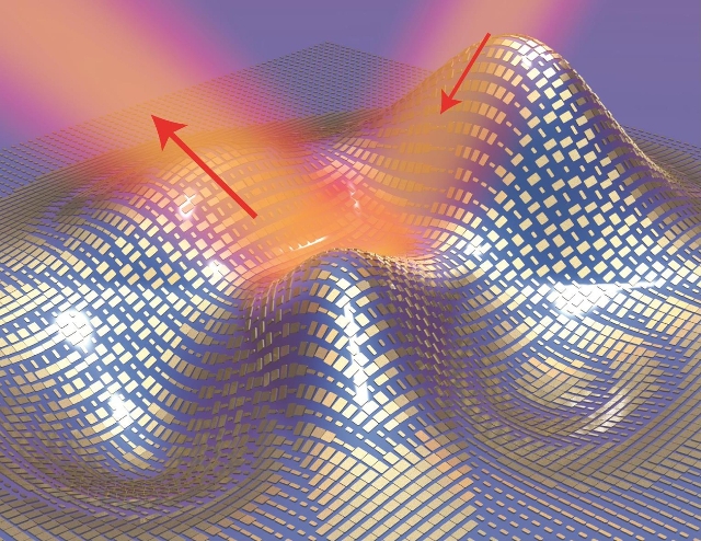 Light reflects off the cloak (red arrows) as if it were reflecting off a flat mirror in this 3D illustration of a metasurface skin cloak made from an ultrathin layer of nanoantennas (gold blocks)  ...