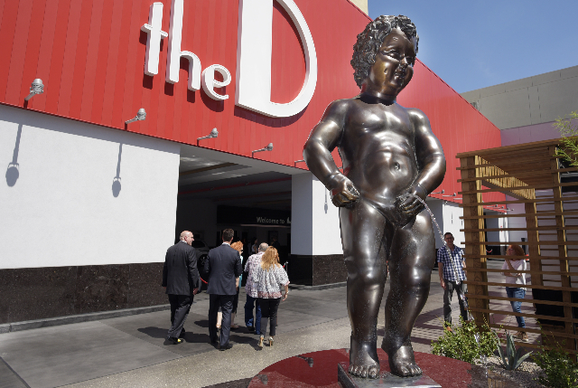 A replica of the famous Manneken Pis bronze sculpture is seen outside the D Las Vegas after its unveiling Tuesday, Sept. 1, 2015. (Sam Morris/Las Vegas News Bureau)