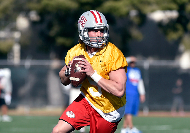 UNLV quarterback Blake Decker looks to throw the ball during the first day of spring practice at Rebel Park at UNLV on Monday, March 16, 2015, in Las Vegas. (David Becker/Las Vegas Review-Journal)
