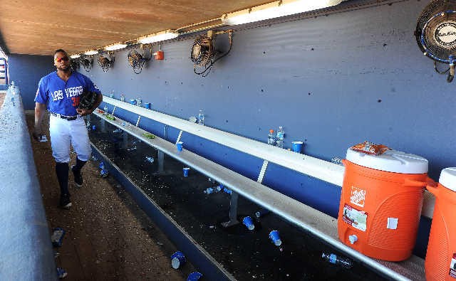 Las Vegas 51s outfielder Brandon Allen walks to the clubhouse from the dugout after the final game of the season at Cashman Field in Las Vegas on Monday. (Josh Holmberg/Las Vegas Review-Journal)